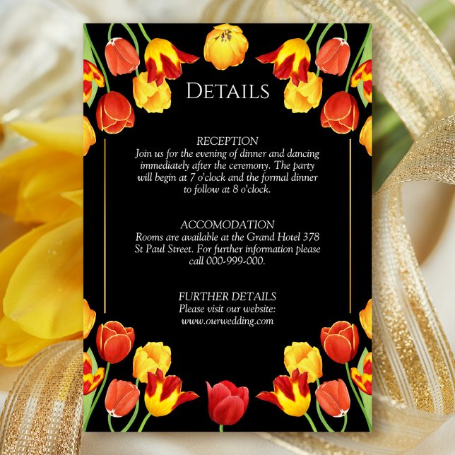 Cartão De Informações Tulipas Elegantes de Primavera Detalhes de Casamen (Elegant Spring Tulips Black Floral Wedding Details Enclosure Card)
