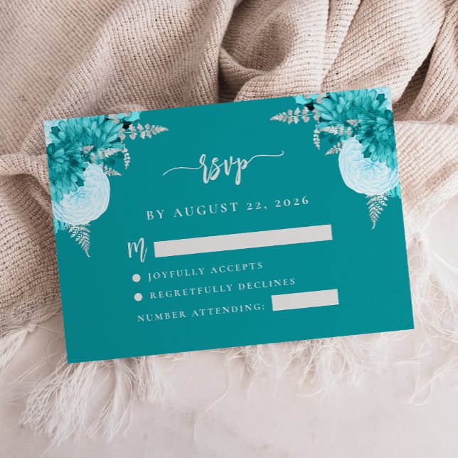 Cartão De Informações Turquoise Silver Floral Script Weding RSVP Enclo (Criador carregado)