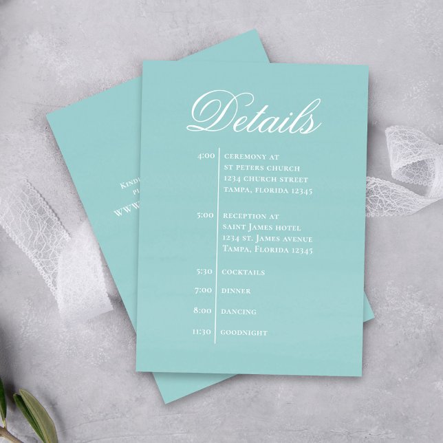 Cartão De Informações Turquoise Wedding Timeline Details Simple RSVP (Beach turquoise blue wedding details card.)
