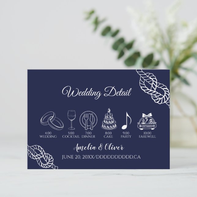 Cartão De Informações Tying Knot Nautical Rope White&Navy Wedding Detail (Em pé/Frente)