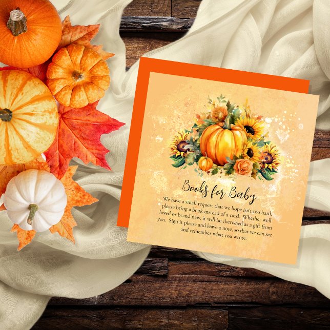 Cartão De Informações Um Pequeno Pumpkin Sunflower Livros para Bebê (Pumpkins, Sunflowers and Apricot Roses Baby Shower "Books for Baby" Card)