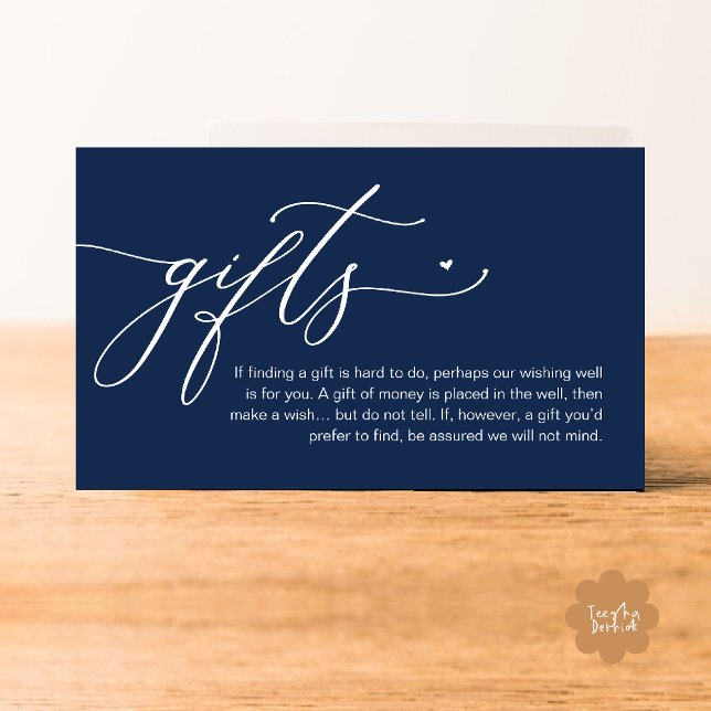 Cartão De Informações Uma nota sobre presentes, casamento romântico mode (A note on gifts, Modern Romantic Wedding Enclosure Card Cute Heart Honeymoon Cash Navy Blue)
