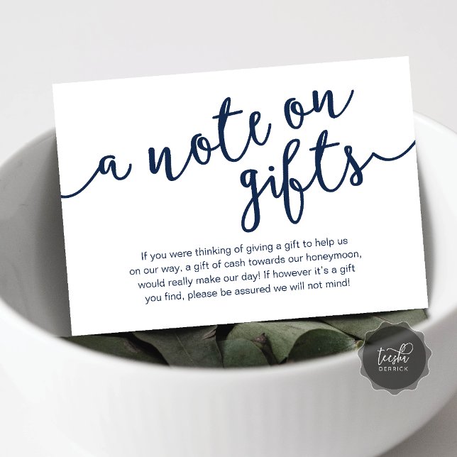 Cartão De Informações Uma Nota Sobre Presentes, Dinheiro do Fundo de Lua (A Note On Gifts, Honeymoon Fund Cash Wish Modern Rustic Enclosure Card in Navy Blue)