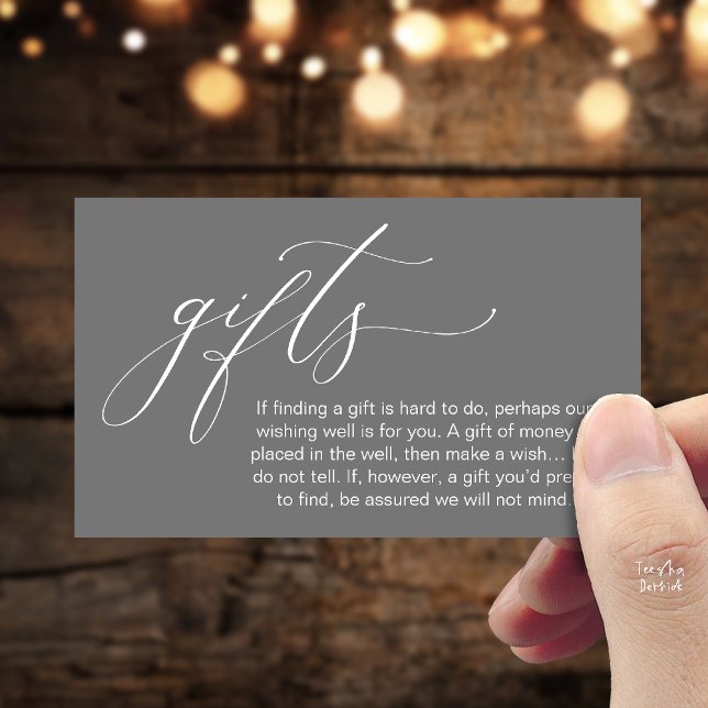 Cartão De Informações Uma Nota Sobre Presentes, Poço de Desejos de Lua d (Honeymoon Fund Wishing Well, Wish, A Note On Gifts Enclosure Card in Dark Grey)