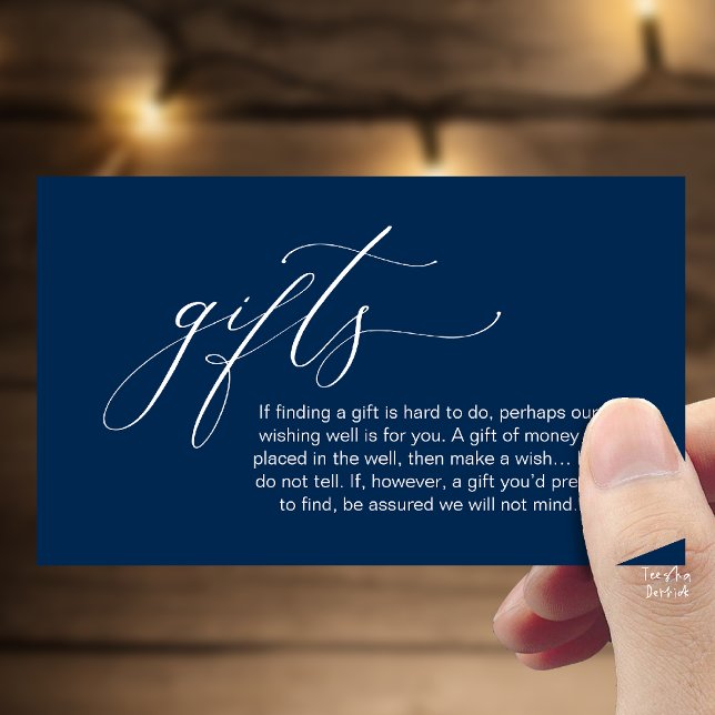 Cartão De Informações Uma Nota Sobre Presentes, Poço de Desejos para Lua (Honeymoon Fund Wishing Well, Wish, A Note On Gifts Enclosure Card in Navy Blue)