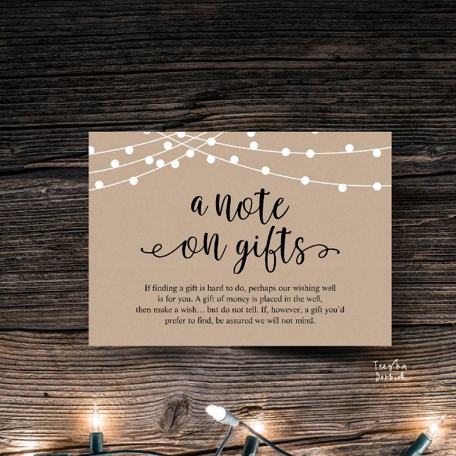 Cartão De Informações Uma Nota Sobre Presentes Rustic Wedding Kraft Luze (A Note On Gifts, Rustic Wedding Enclosure Card brown Kraft String Lights Honeymoon Fund, Cash)