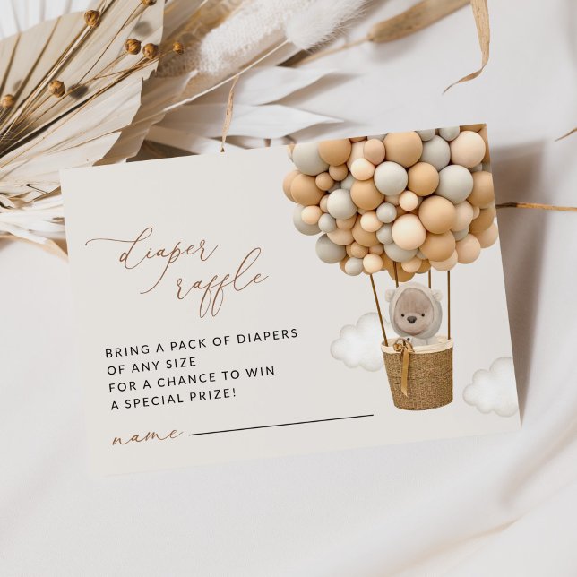 Cartão De Informações Urso, Balões Bege, Chá de Bebê Rifas de Fraldas (Criador carregado)