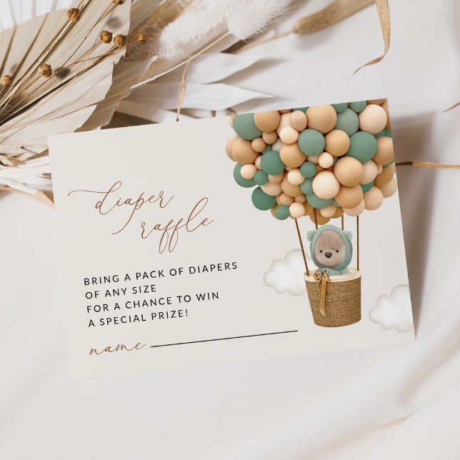Cartão De Informações Urso, Balões Verdes, Fralda-Chá de fraldas Raffle (Criador carregado)