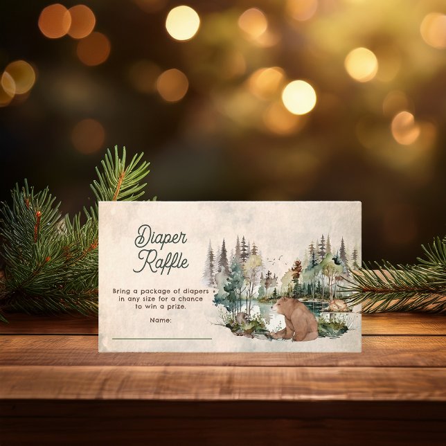 Cartão De Informações Urso Chá de fraldas Russo Raffle (Rustic Woodland Bear and Forest Animals Baby Shower "Diaper Raffle" Insert -- "Oh Boy" Collection)