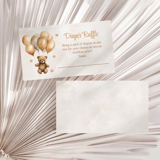 Cartão De Informações Urso de Boho Teddy com Fralda de Balões Raffle (Boho Teddy Bear with Balloons Diaper Raffle Enclosure Card on a white dry palm leaf.)