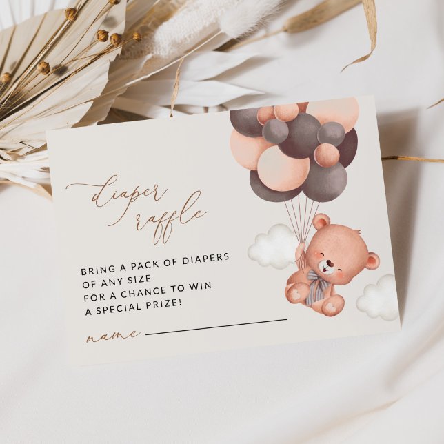 Cartão De Informações Urso de Teddy, Balões Marrons, Raffle Fralda (Criador carregado)