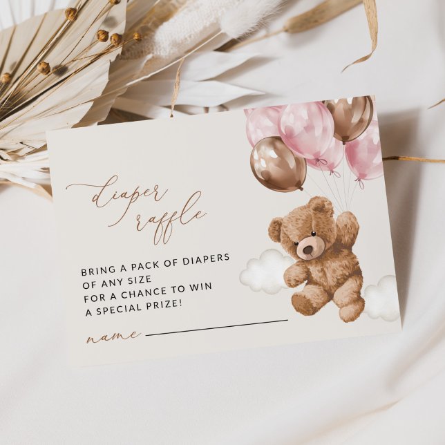 Cartão De Informações Urso de Teddy, Balões Rosa, Raffle Fralda (Criador carregado)