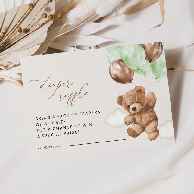 Cartão De Informações Urso de Teddy, Balões Verdes, Raffle Fralda (Criador carregado)