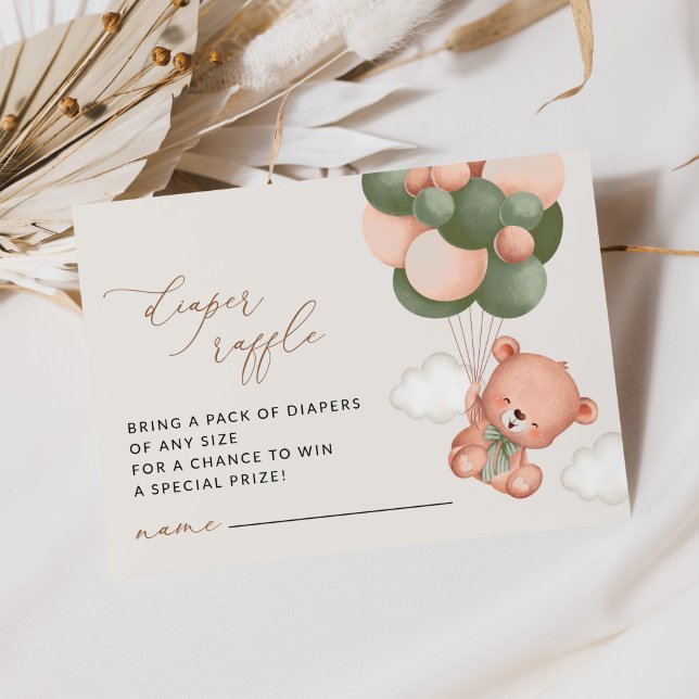 Cartão De Informações Urso de Teddy, Balões Verdes, Raffle Fralda (Criador carregado)
