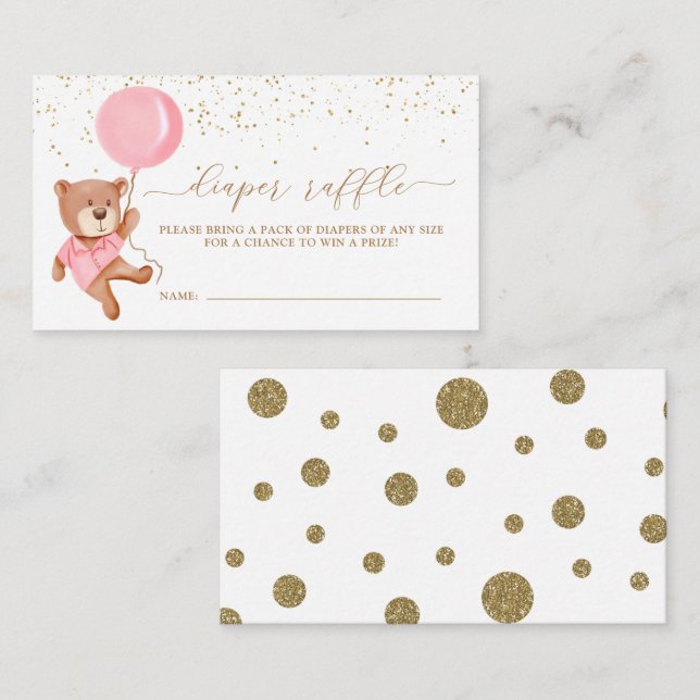 Cartão De Informações Urso Rosa Com Fralda De Balão Com Bilhete Raffle (Frente/Verso)