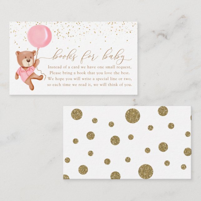 Cartão De Informações Urso Rosa-Rosa com Livros de Balões para Bebê (Frente/Verso)