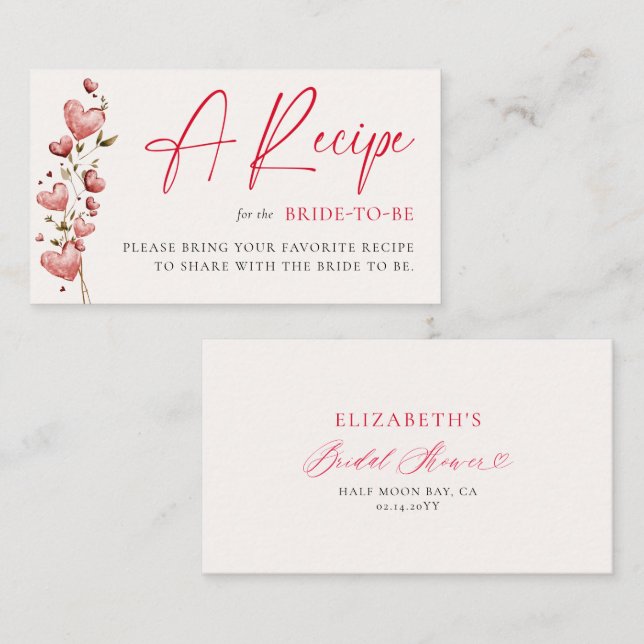 Cartão De Informações Valentine Bridal Shower Hearts Vines Bride Recipe (Frente/Verso)