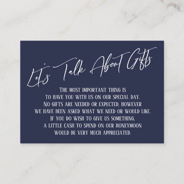 Cartão De Informações Vamos Falar Sobre Presentes Caligrafia Azul Marinh (Frente)