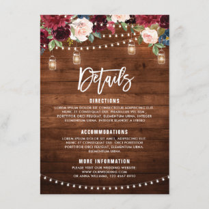 Cartão De Informações Vaso de vidro com luz de cordão floral azul marinh