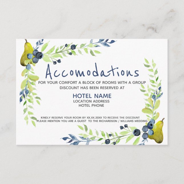 Cartão De Informações Verão de mirtilo azul country Pera Floral Aquarela (Frente)