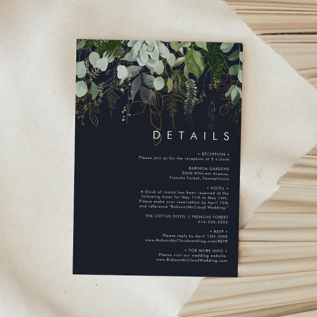 Cartão De Informações Verde e Folha Dourada | Detalhes do Marinho escuro (Criador carregado)