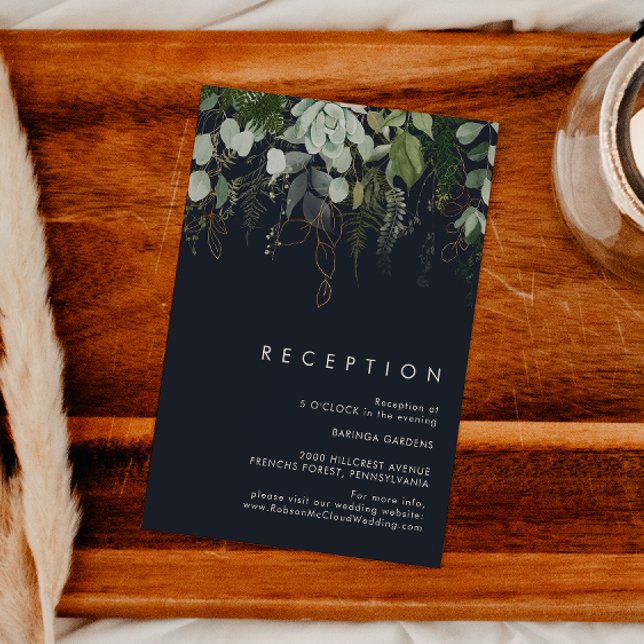 Cartão De Informações Verde e Folha Dourada | Recepção de casamento Mari (Criador carregado)