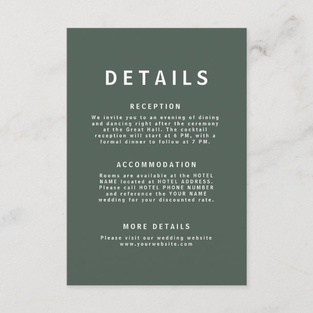Cartão De Informações Verde escuro | Casamento Moderno de Moss Minimalis (Frente)