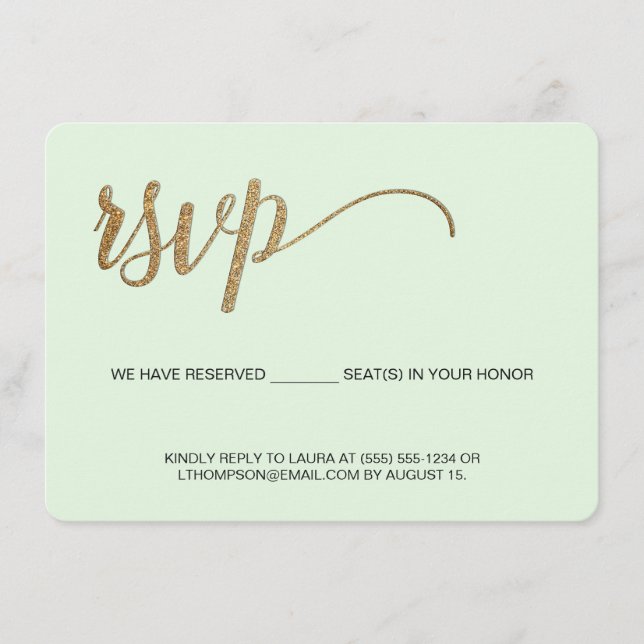 Cartão De Informações Verde menta dourado falso Reservado RSVP sem envio (Frente)