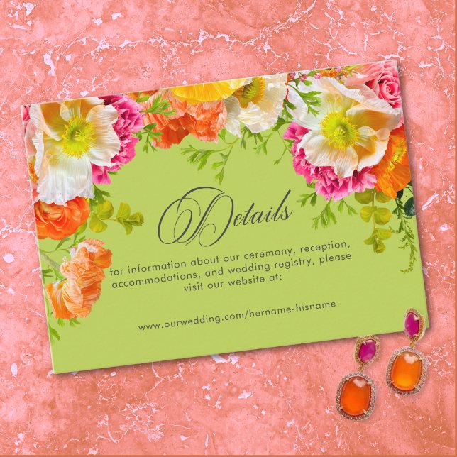 Cartão De Informações Vibrant Summer Floral Lime Orange Pink Wedding (Vibrant Summer Floral Lime Orange Pink Wedding Enclosure Card)