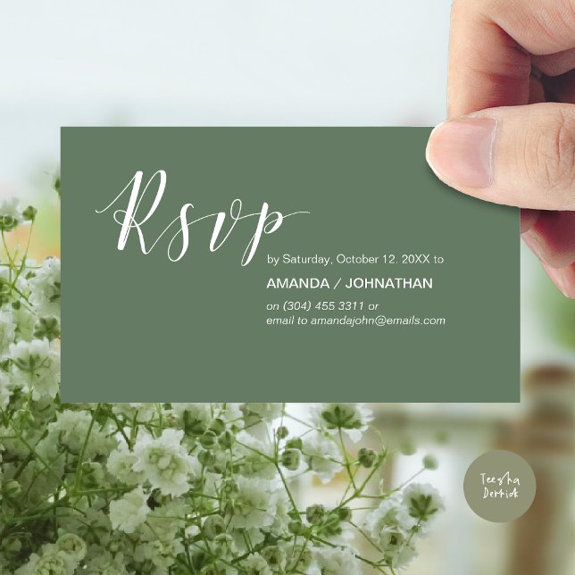 Cartão De Informações Vice-presidente de Festa de casamento moderna em F (Modern Wedding RSVP Invitation Card, Online reply, Email or phone, in forest sage green)