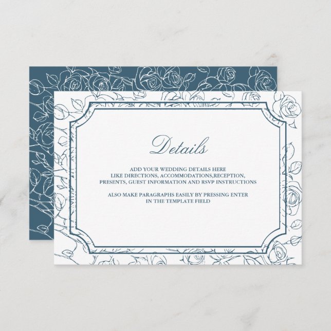 Cartão De Informações Victorian Dusty Blue Line Art Wedding Details (Frente/Verso)