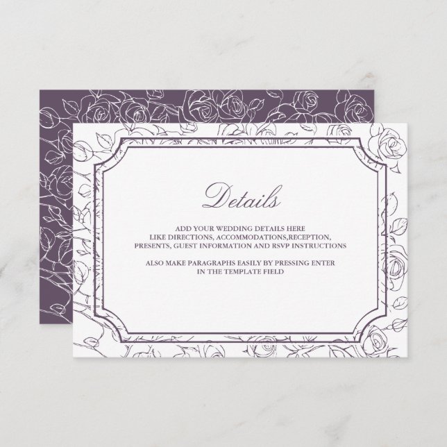Cartão De Informações Victorian Dusty Purple Line Art Wedding Details (Frente/Verso)