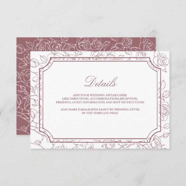 Cartão De Informações Victorian Dusty Rose Line Art Wedding Details (Frente/Verso)