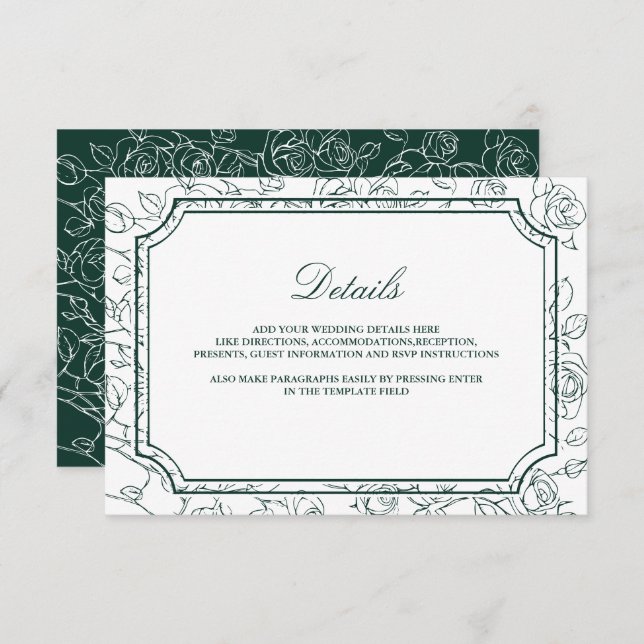 Cartão De Informações Victorian Emerald Green Line Art Wedding Details (Frente/Verso)
