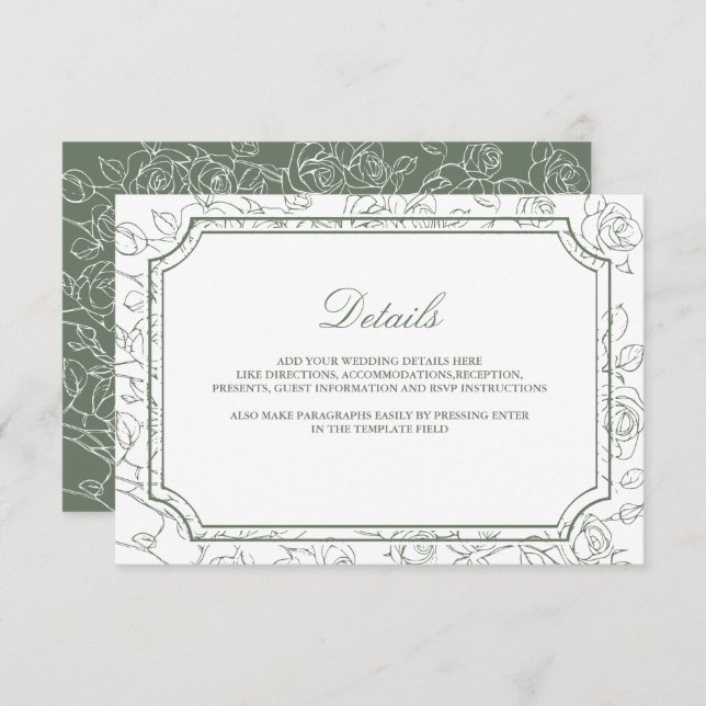 Cartão De Informações Victorian Sage Green Line Art Wedding Details (Frente/Verso)