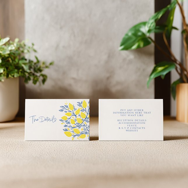 Cartão De Informações Vinhas de limão azul-claro e amarelo (The details wedding enclosure card with blue and yellow lemon design)