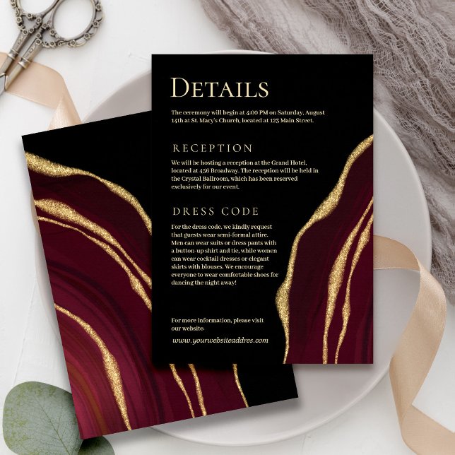 Cartão De Informações Vinho escuro agate com ouro (Criador carregado)