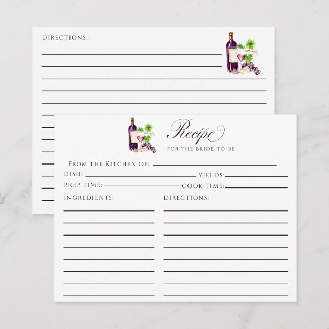 Cartão De Informações Vino Before Vows Recipe Card Bridal Shower Insert (Frente/Verso)