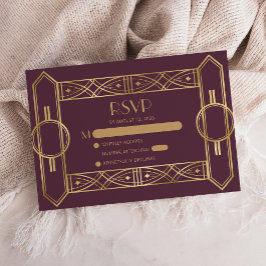 Cartão De Informações Vintage 1920 Deco Burgundy Dourado Wedding RSVP