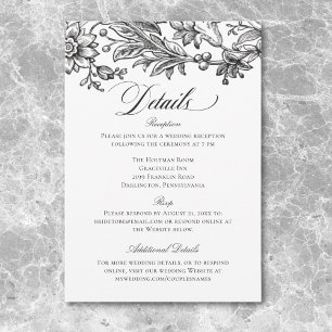 Cartão De Informações Vintage Black & White Tapeçaria Floral Casamento
