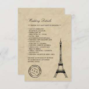 Cartão De Informações Vintage Eiffel Tower Paris Postmark Wedding