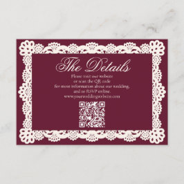 Cartão De Informações Vintage Elegant Burgundy Lace Wedding Website QR