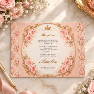 Cartão De Informações Vintage Elegante Rosa Dourado Quinceañera meninas