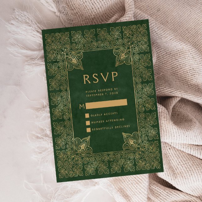 Cartão De Informações Vintage Frame Green Dourado Wedding RSVP (Criador carregado)