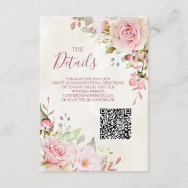 Cartão De Informações Vintage Pink Floral Wedding QR code Details Insert