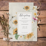 Cartão De Informações Vintage Summer Sunflower Floral Recepção<br><div class="desc">Este design de recepção de casamento de  apresenta um belo quadro de girassóis de cor aquosa macia e outros florais de verão em um fundo branco aflitos. É romântico com um toque de safra. Criada pela "Simply Farmhouse Press",  faz parte do Vintage Summer Floral Wedding Suite de cartas.</div>