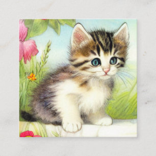 Cartão De Informações Vintage White e Brown Kitten com Flores