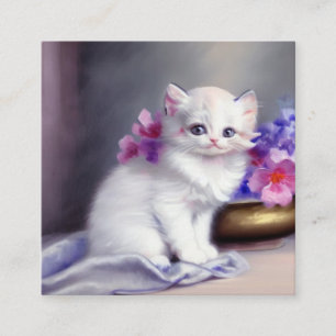 Cartão De Informações Vintage White Kitten com Flores Rosa e Púrpura