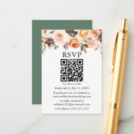 Cartão De Informações Watercolor Autumn Floral Sage Green QR RSVP
