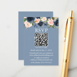 Cartão De Informações Watercolor Azul Cor Azul Rosa Floral QR RSVP